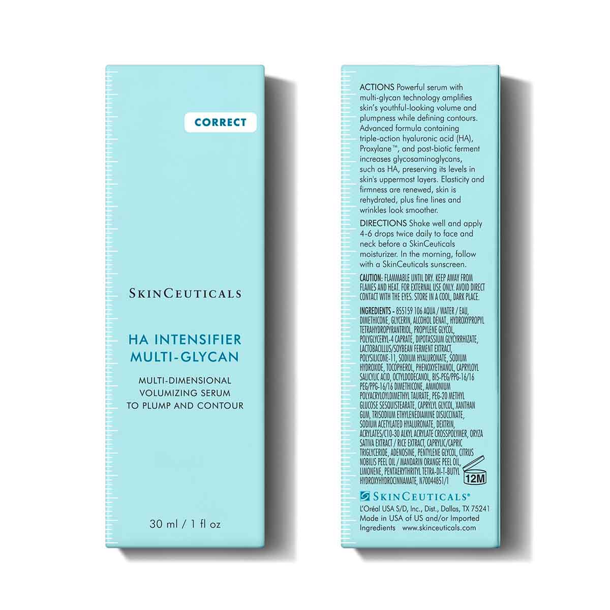 SkinCeuticals HA Intensifier Multi-Glycan packaging with front and back views on a white background