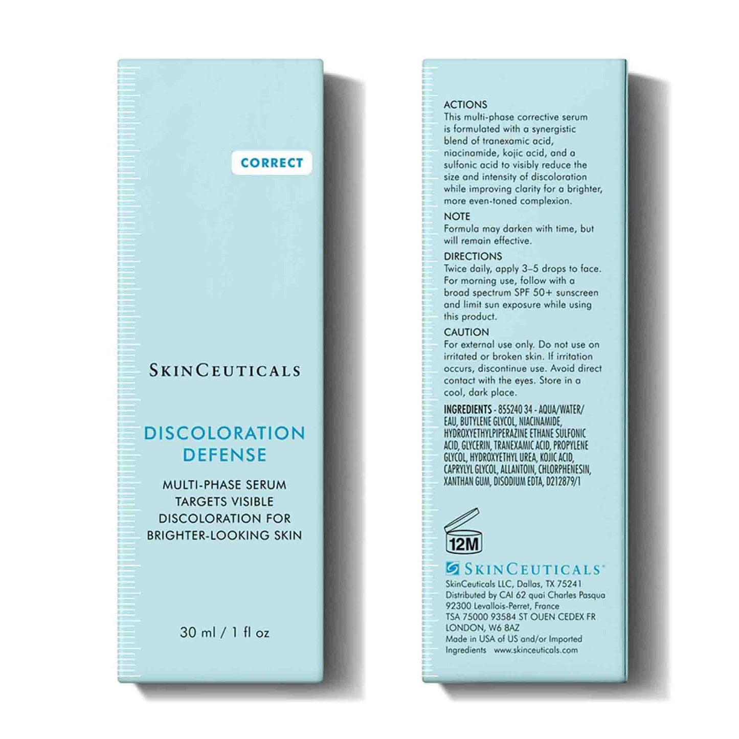 SkinCeuticals Discoloration Defense packaging with text on a white background