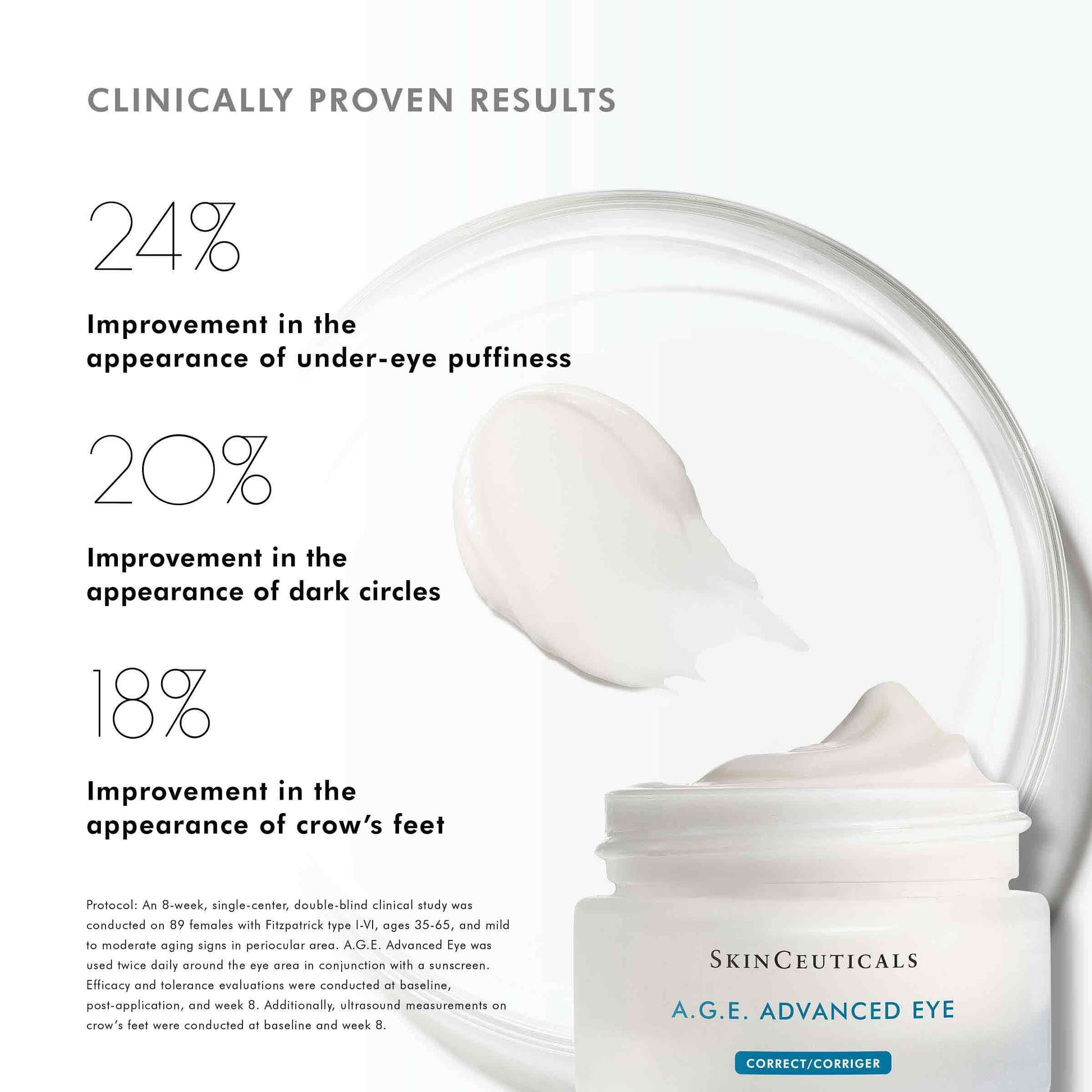 SkinCeuticals A.G.E. Advanced Eye cream with clinical improvement percentages on a white background