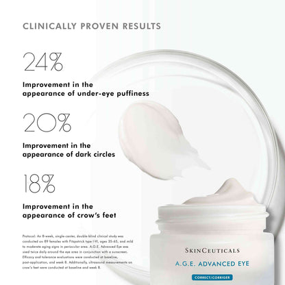 SkinCeuticals A.G.E. Advanced Eye cream with clinical improvement percentages on a white background
