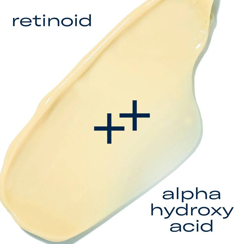 Cosmetic product with 'retinoid' and 'alpha hydroxy acid' text on a white background