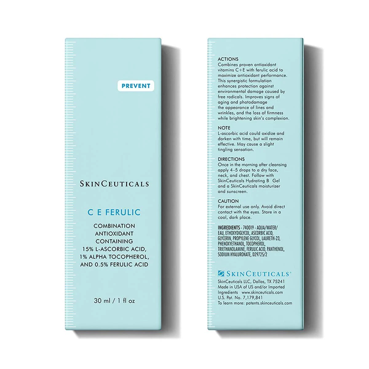 SkinCeuticals C E Ferulic packaging with front and back views on a white background