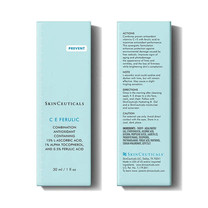 SkinCeuticals C E Ferulic packaging with front and back views on a white background