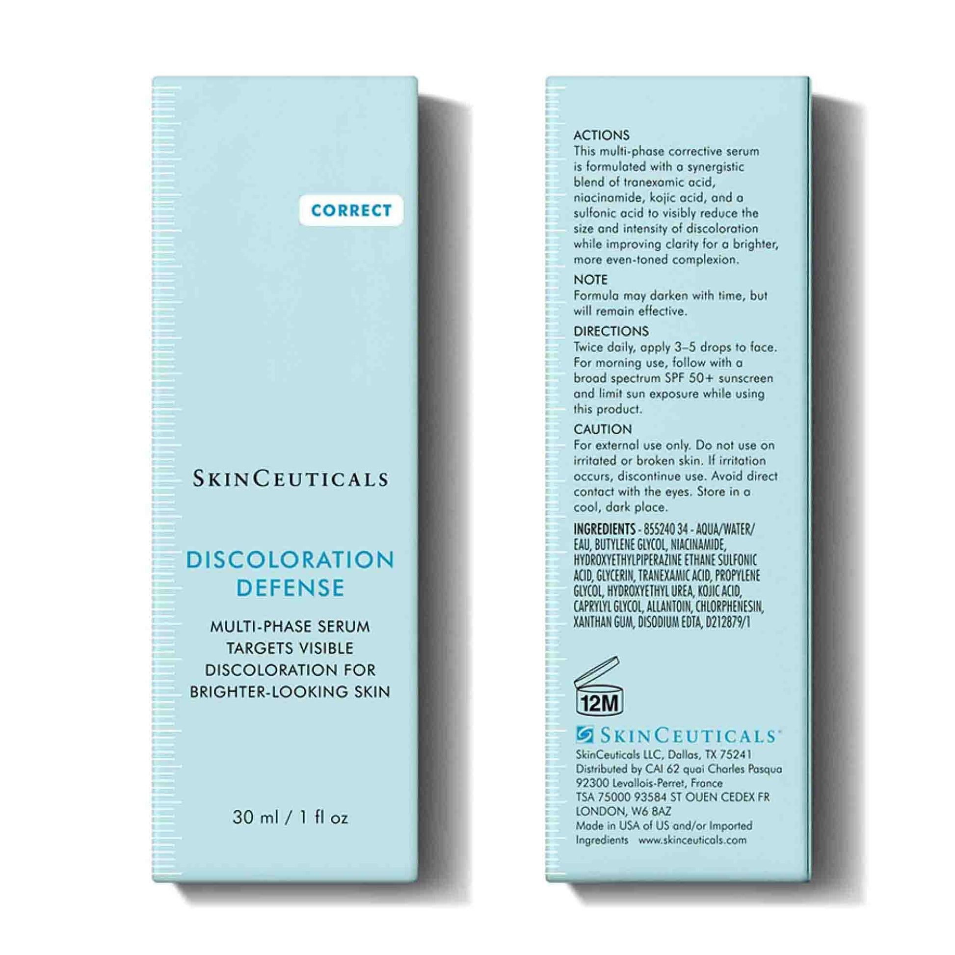 SkinCeuticals Discoloration Defense packaging with text on a white background