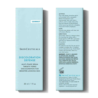 SkinCeuticals Discoloration Defense packaging with text on a white background