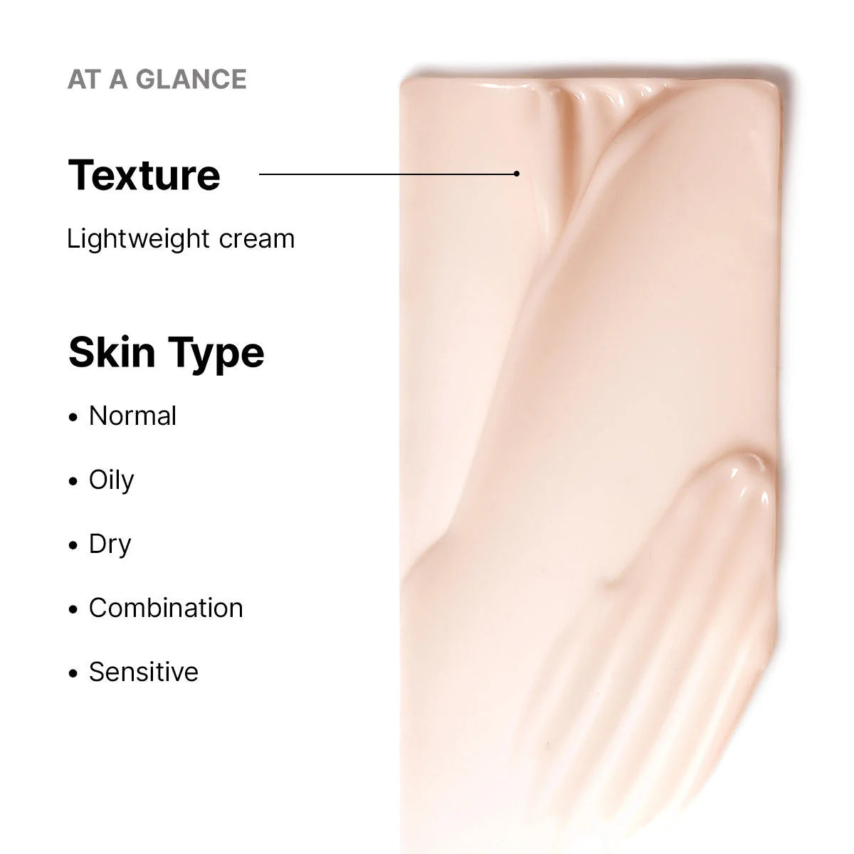 Lightweight cream texture with skin type compatibility information on a white background
