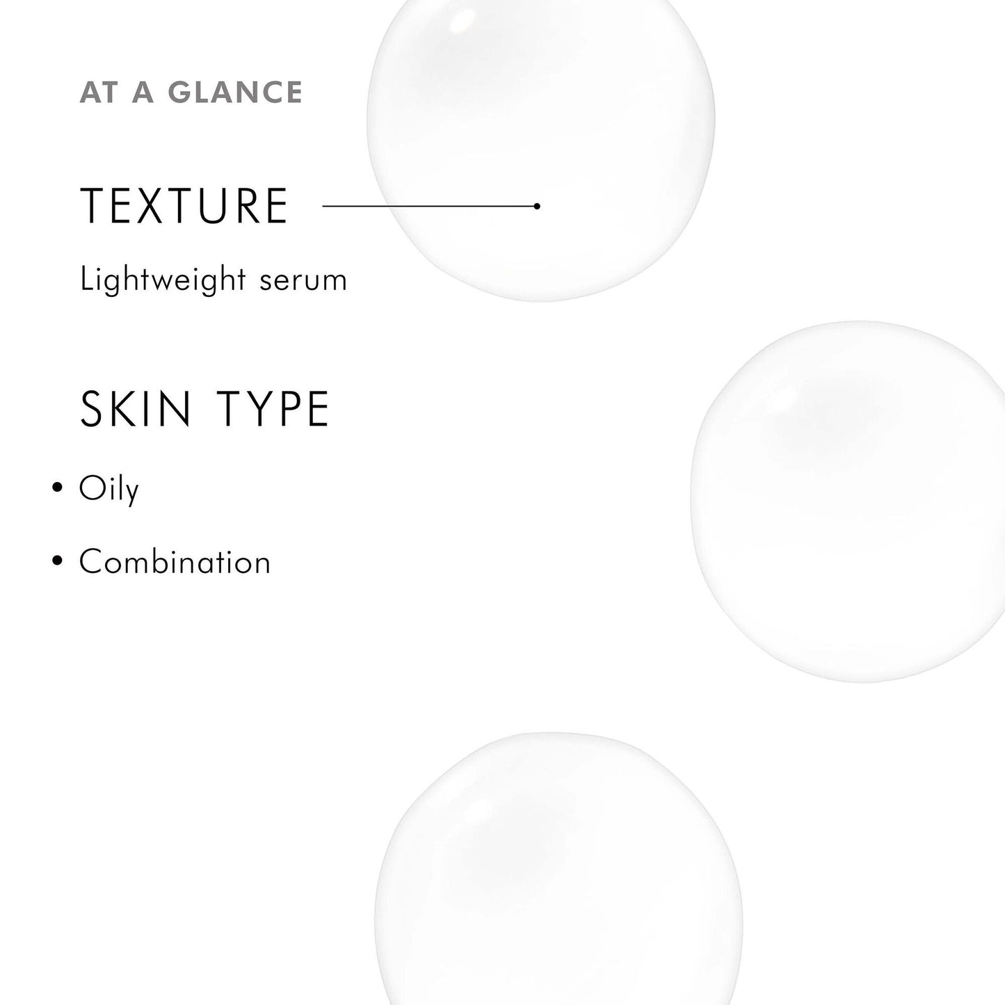 Product information card for a lightweight serum with texture and skin type details on a white background.