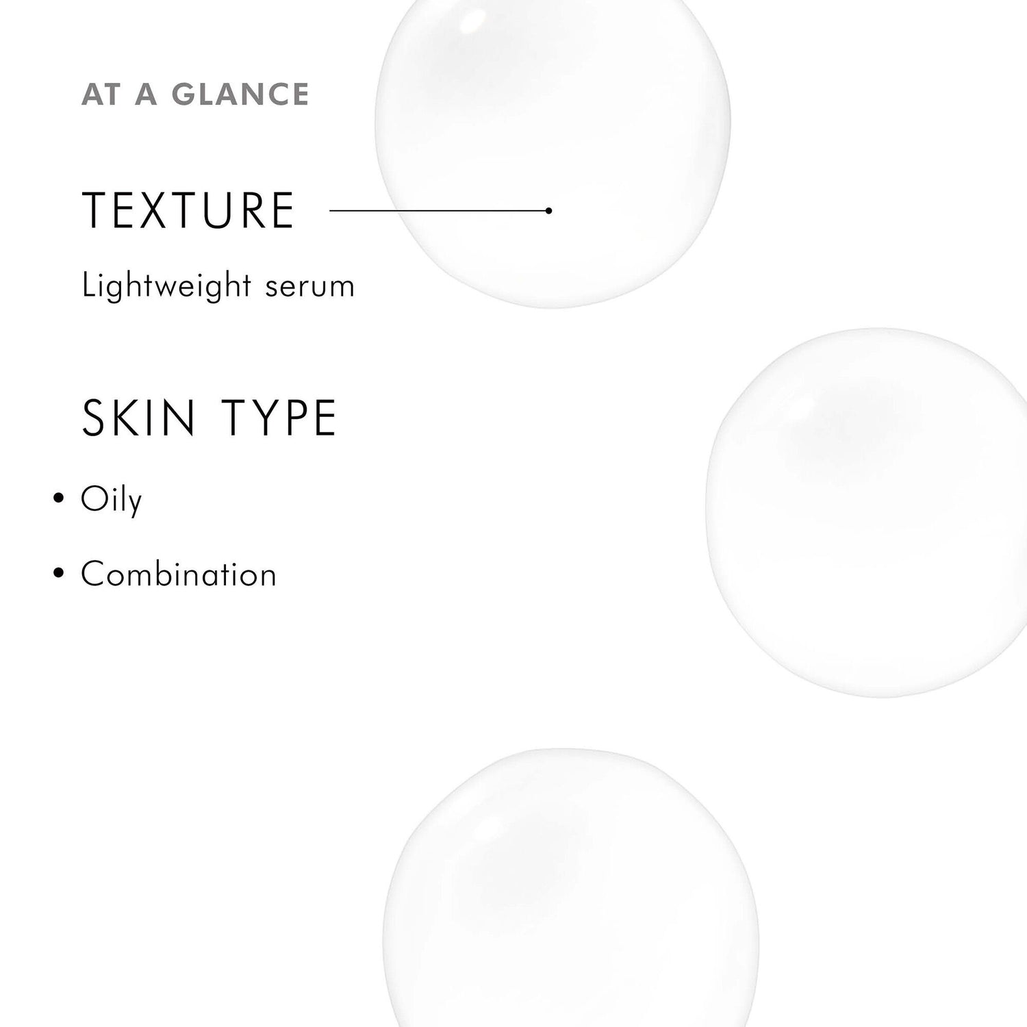 Product information card for a lightweight serum with texture and skin type details on a white background.