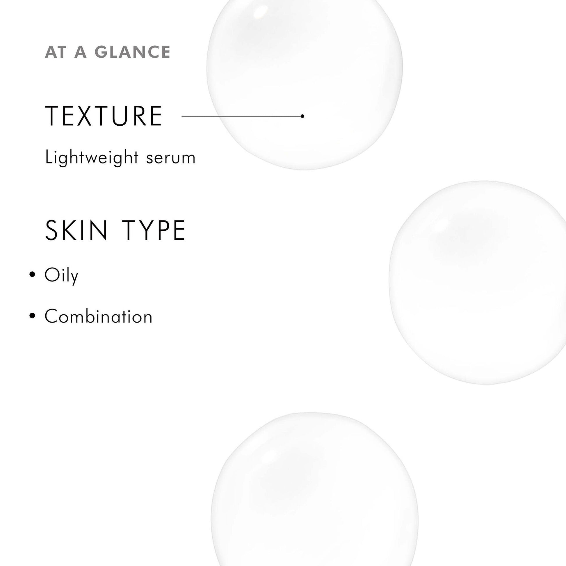 Product information card for a lightweight serum with texture and skin type details on a white background.