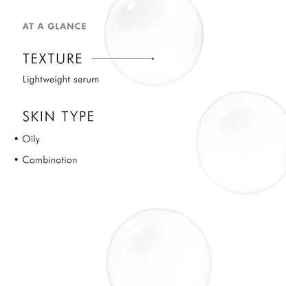 Product information card for a lightweight serum with texture and skin type details on a white background.