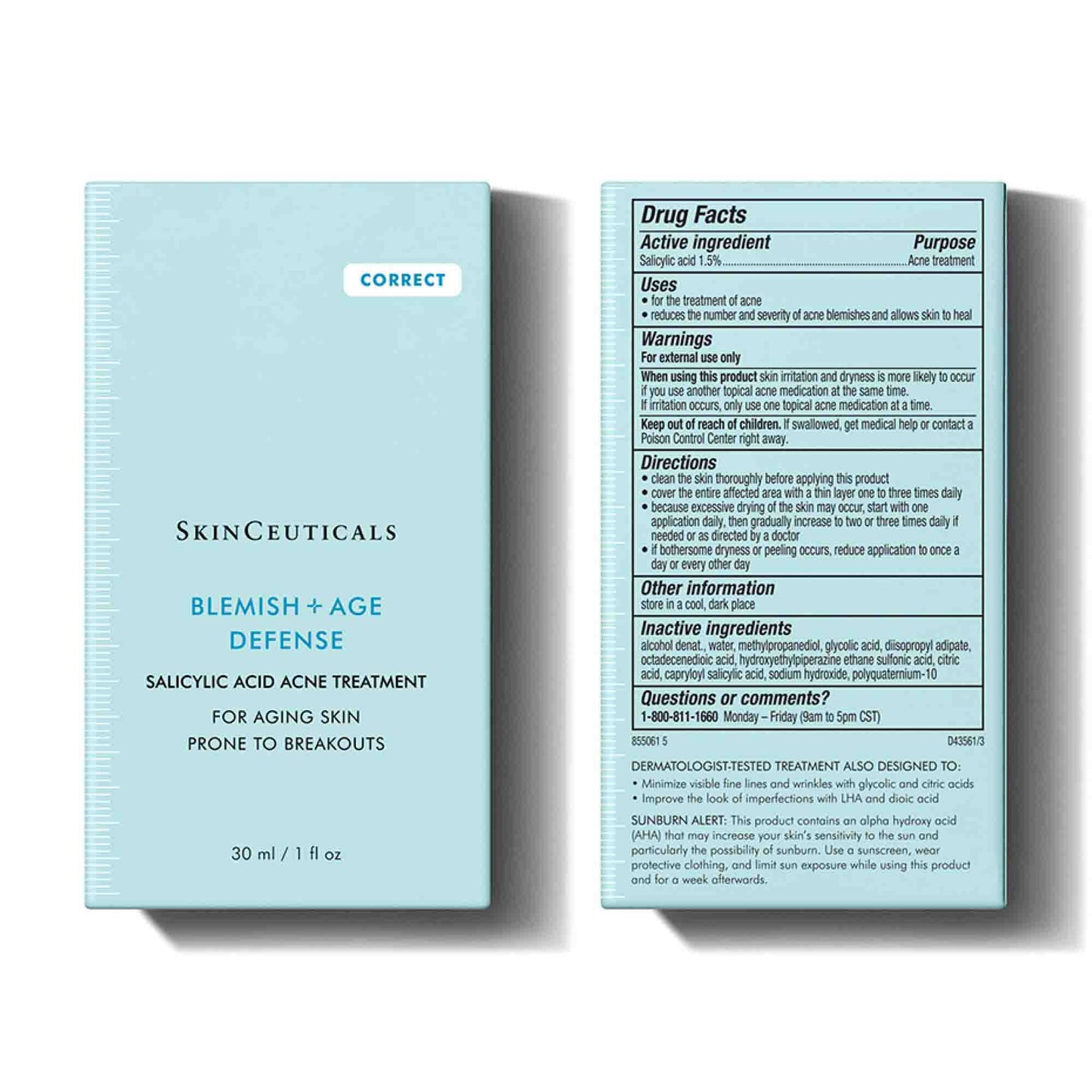 Open skincare product packaging with 'SkinCeuticals' branding and text.